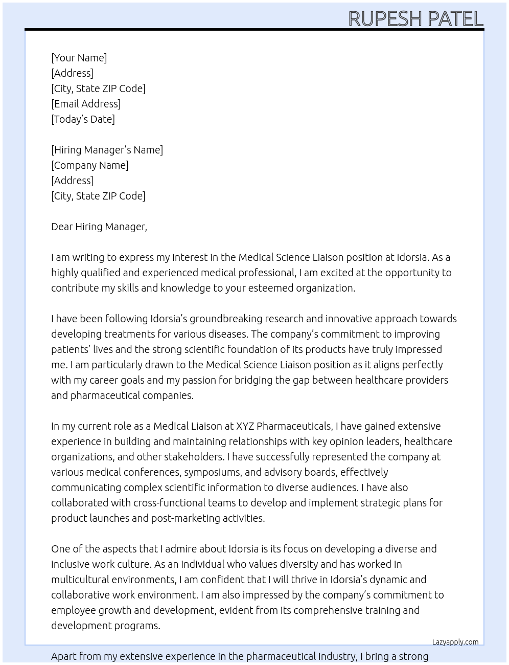 medical science liaison At Idorsia Cover Letter