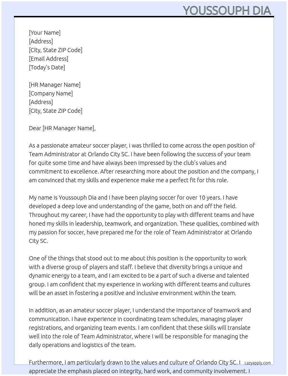 Team administrator At Orlando City SC Cover Letter