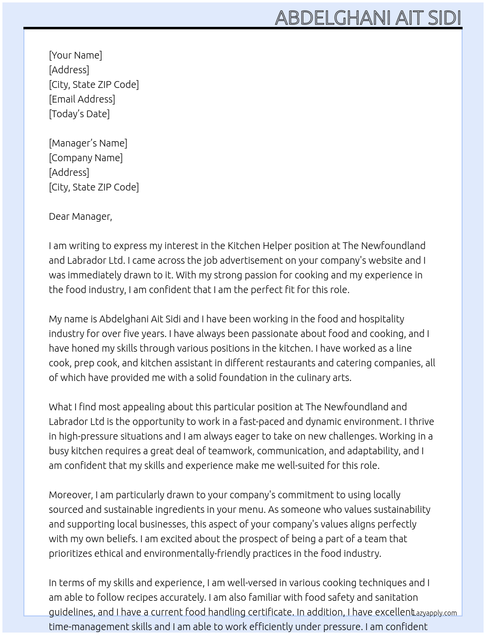 Kitchen helper  At The newfoundland and labrador ltd Cover Letter