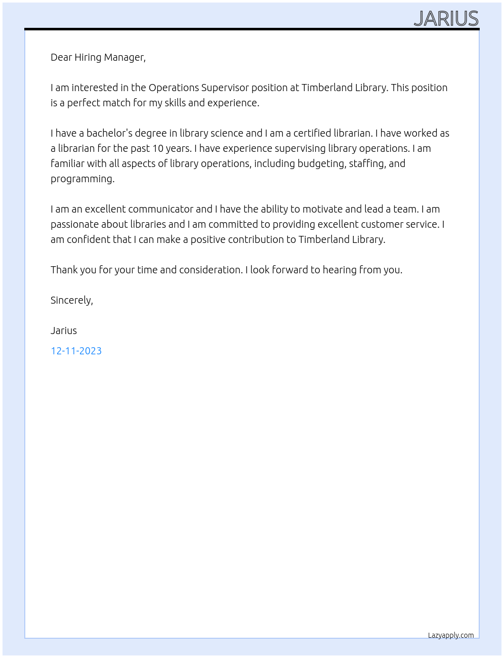 Operations Supervisor At Timberland Library Cover Letter