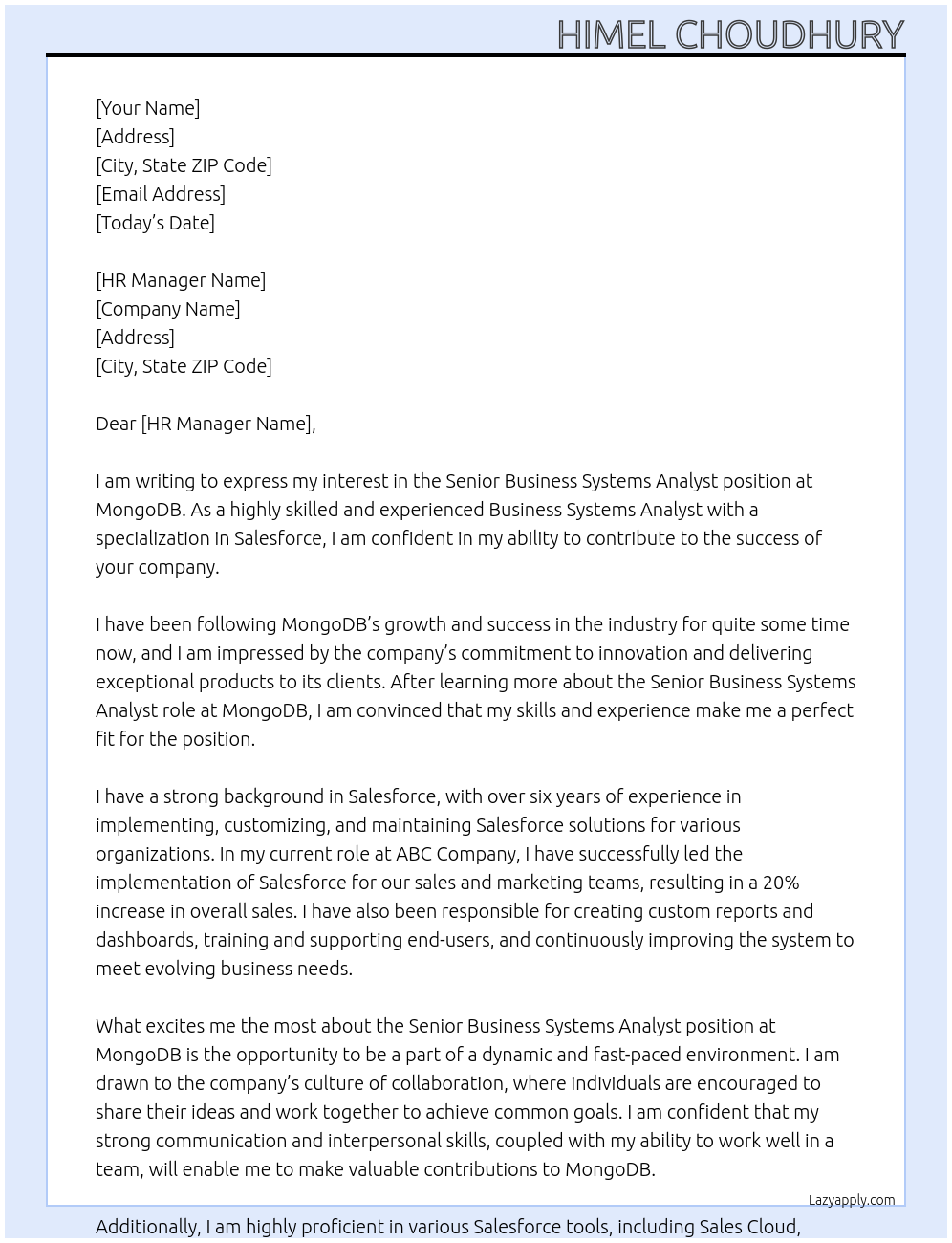 Senior Business Systems Analyst, Salesforce At MongoDB Cover Letter