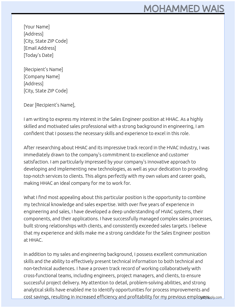 sales engineer At HHAC Cover Letter