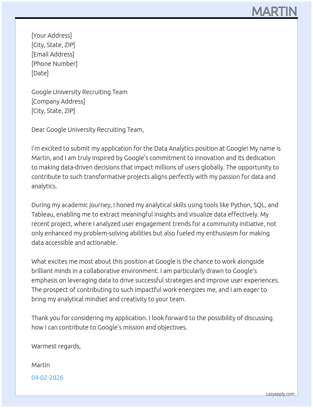 Data Analytics At Google Cover Letter