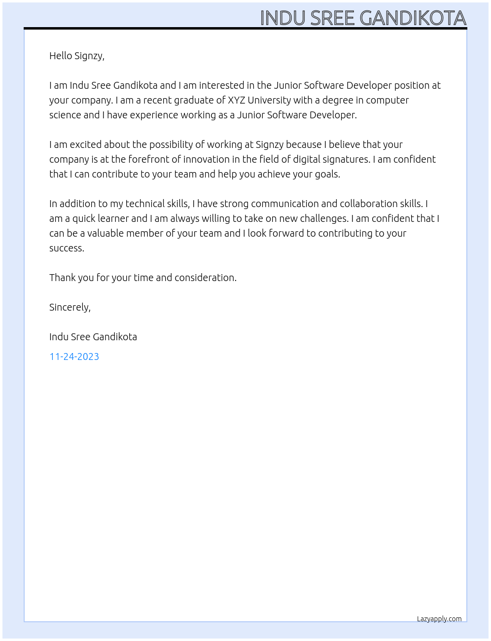 Junior Software Developer At Signzy Cover Letter