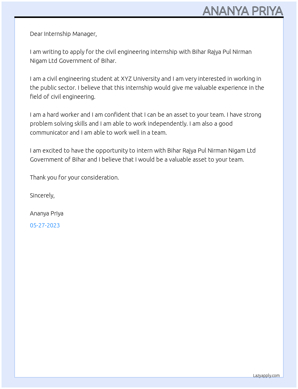 Civil Engineering At Bihar Rajya Pul Nirman Nigam Ltd Government of Bihar Cover Letter