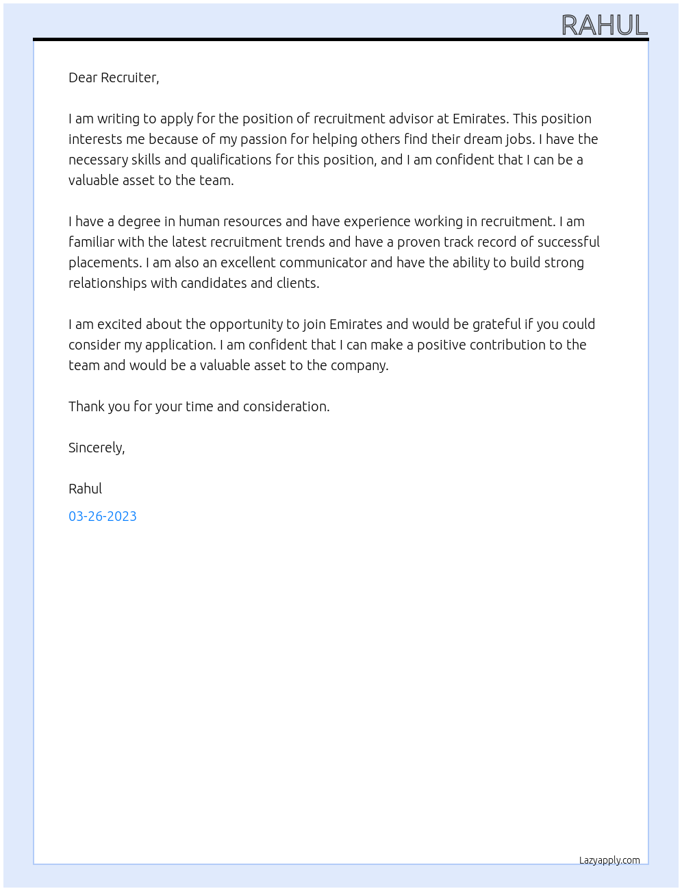 recruitment advisor At Emirates Cover Letter