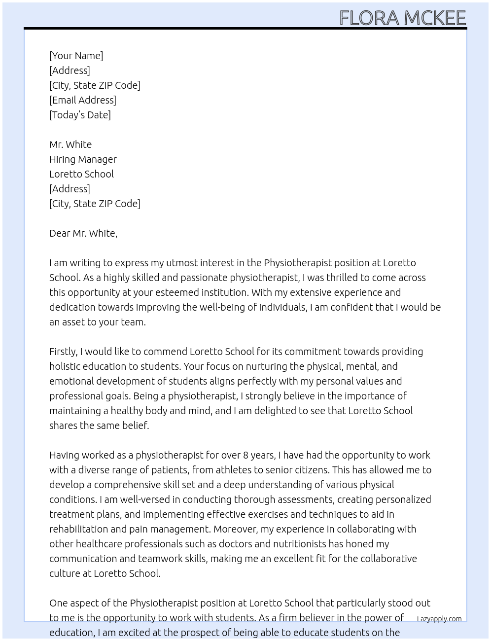 physiotherapist At loretto school Cover Letter
