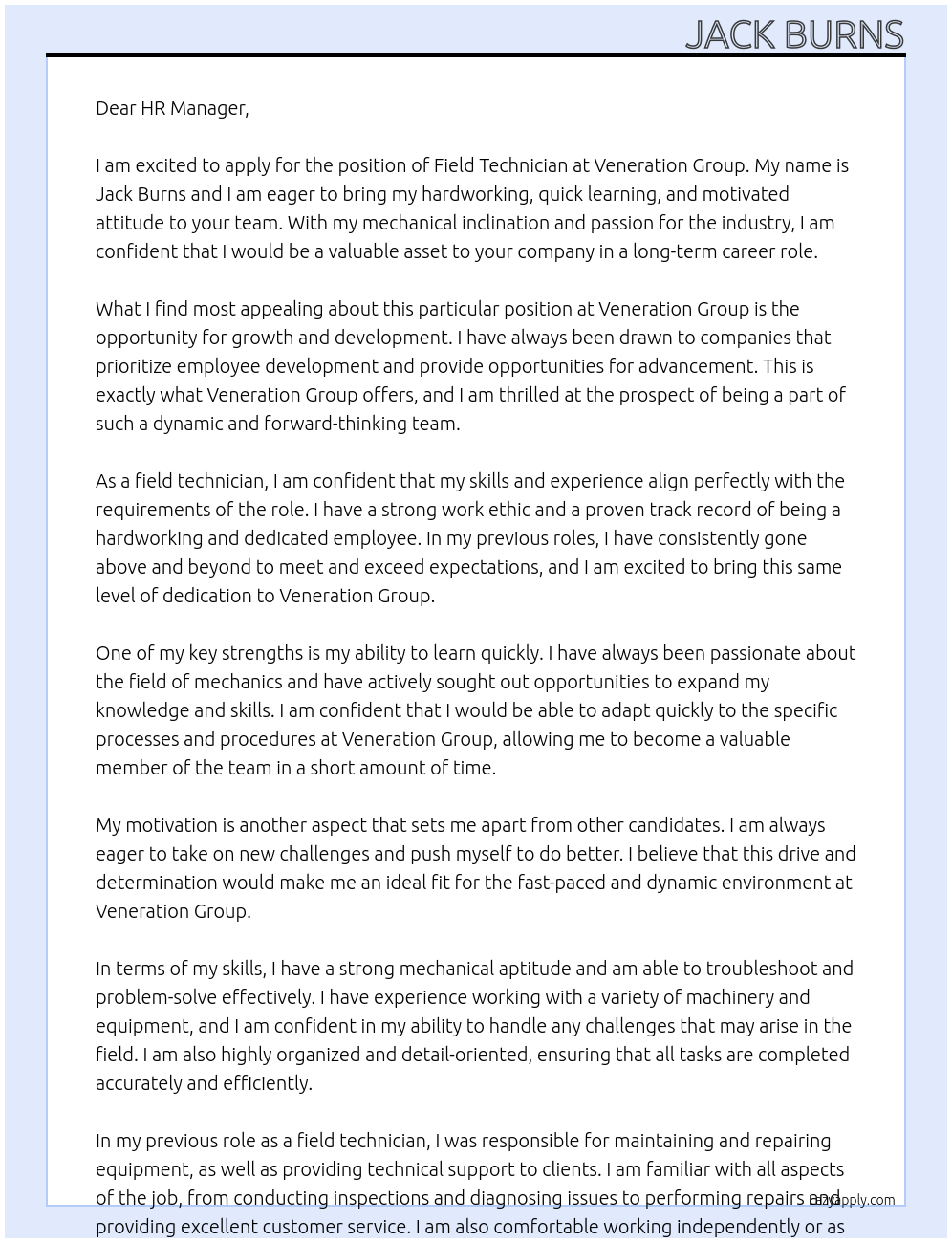 Field technician At Veneration Group Cover Letter