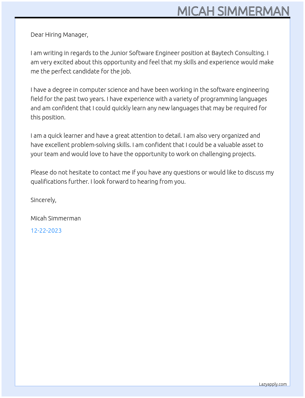 Junior Software Engineer At Baytech Consulting Cover Letter