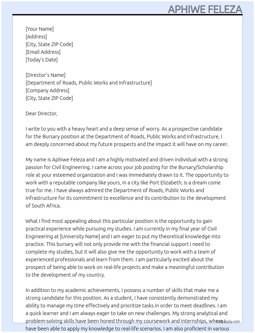 Bursary At Department of roads, public works and infrastructure Cover Letter