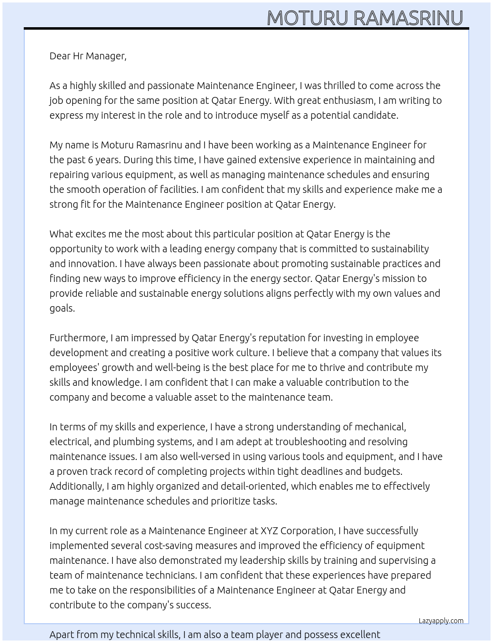 Maintenance engineer At Qatar energy Cover Letter