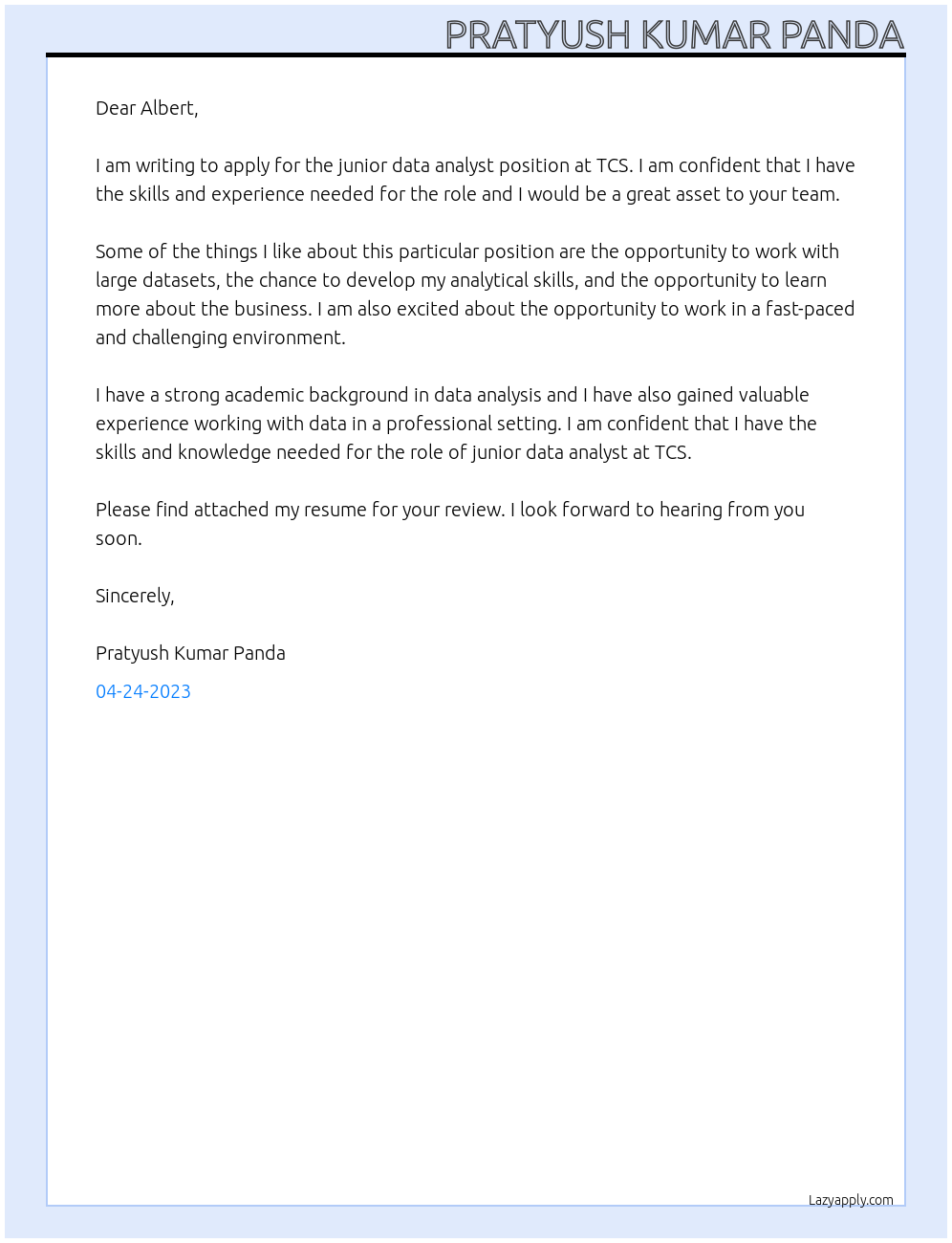 junior data analyst At TCS Cover Letter