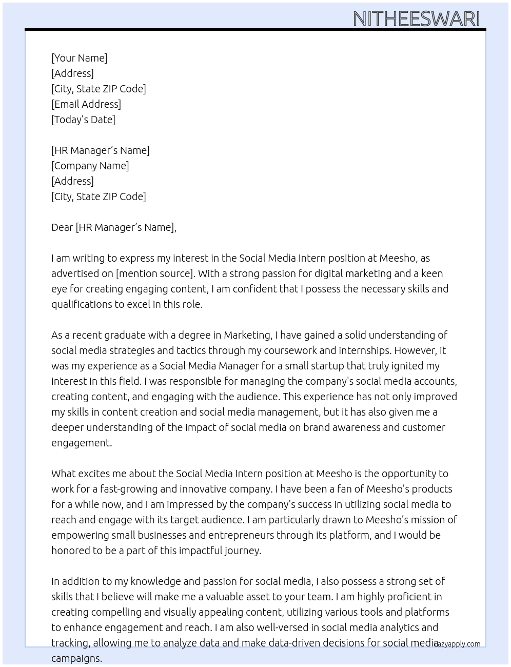 Social Media intern At Meesho Cover Letter