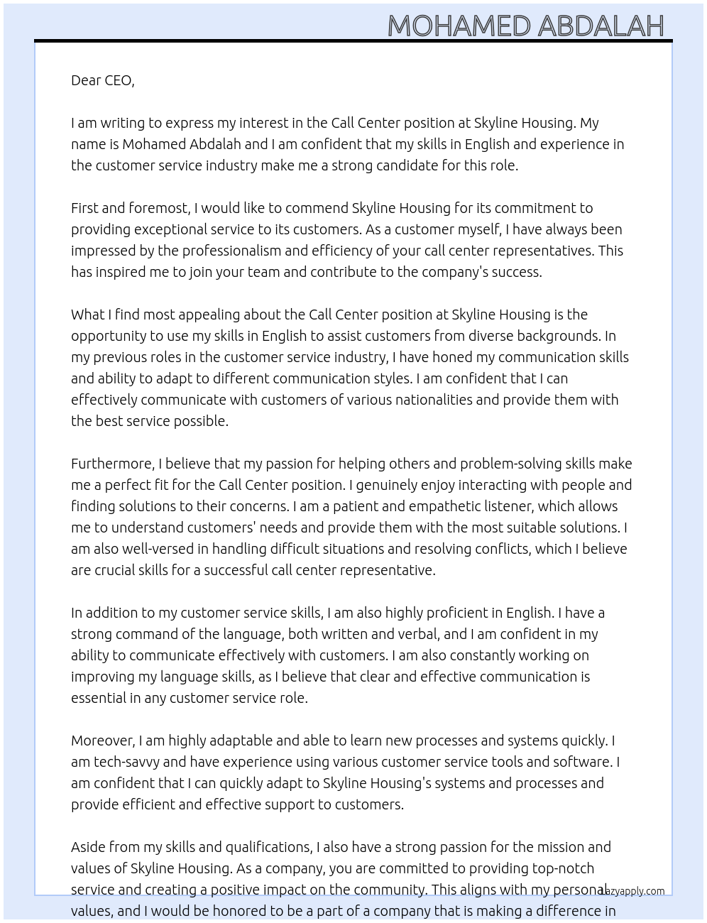 Call center At Skyline Housing Cover Letter