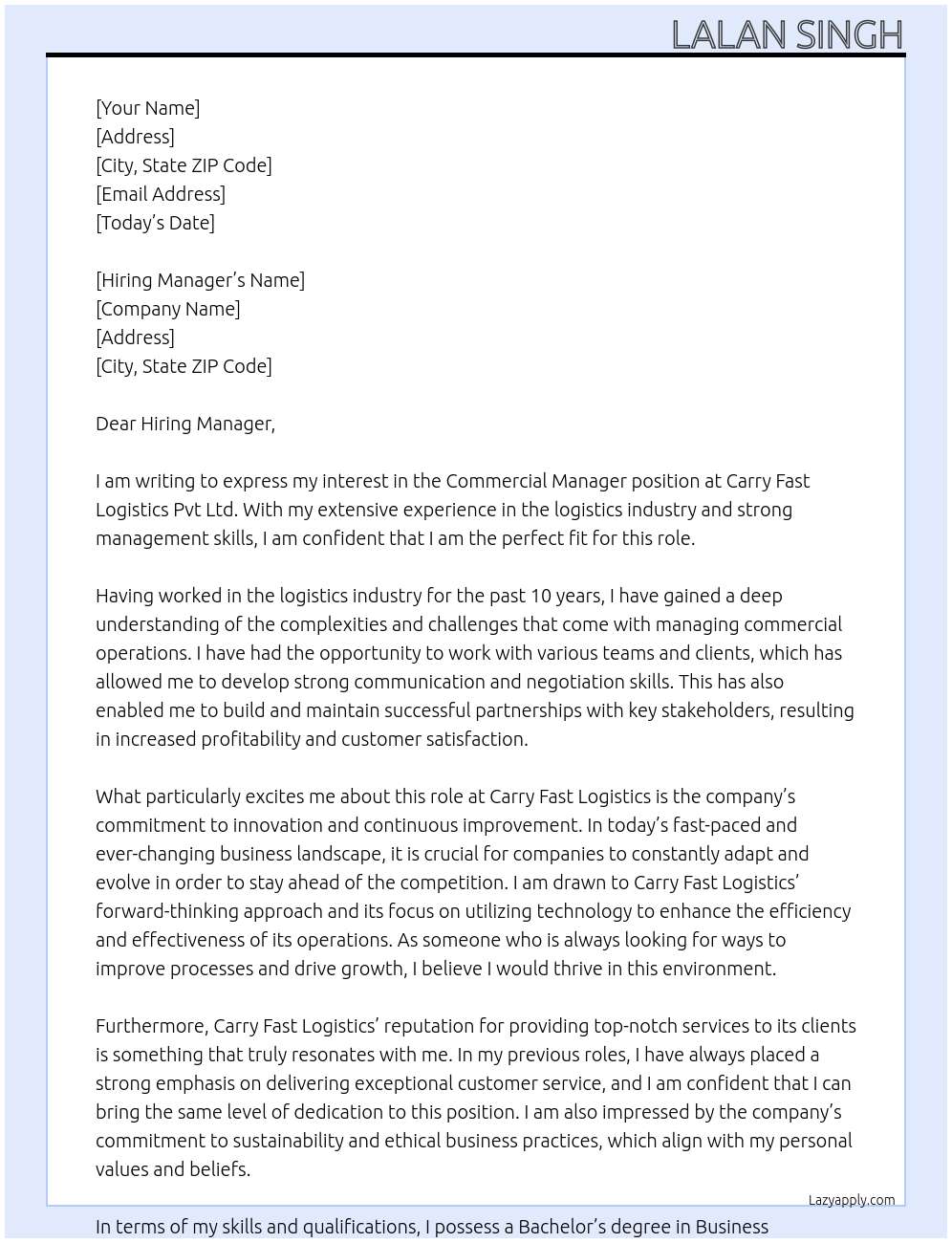 Commercial Manager At Carry Fast Logistics Pvt Ltd Cover Letter