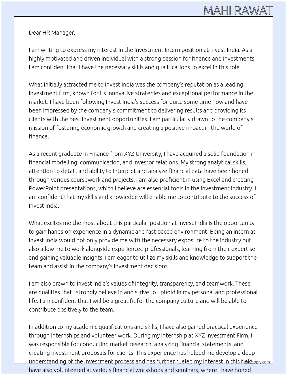 Investment Intern At Invest India Cover Letter