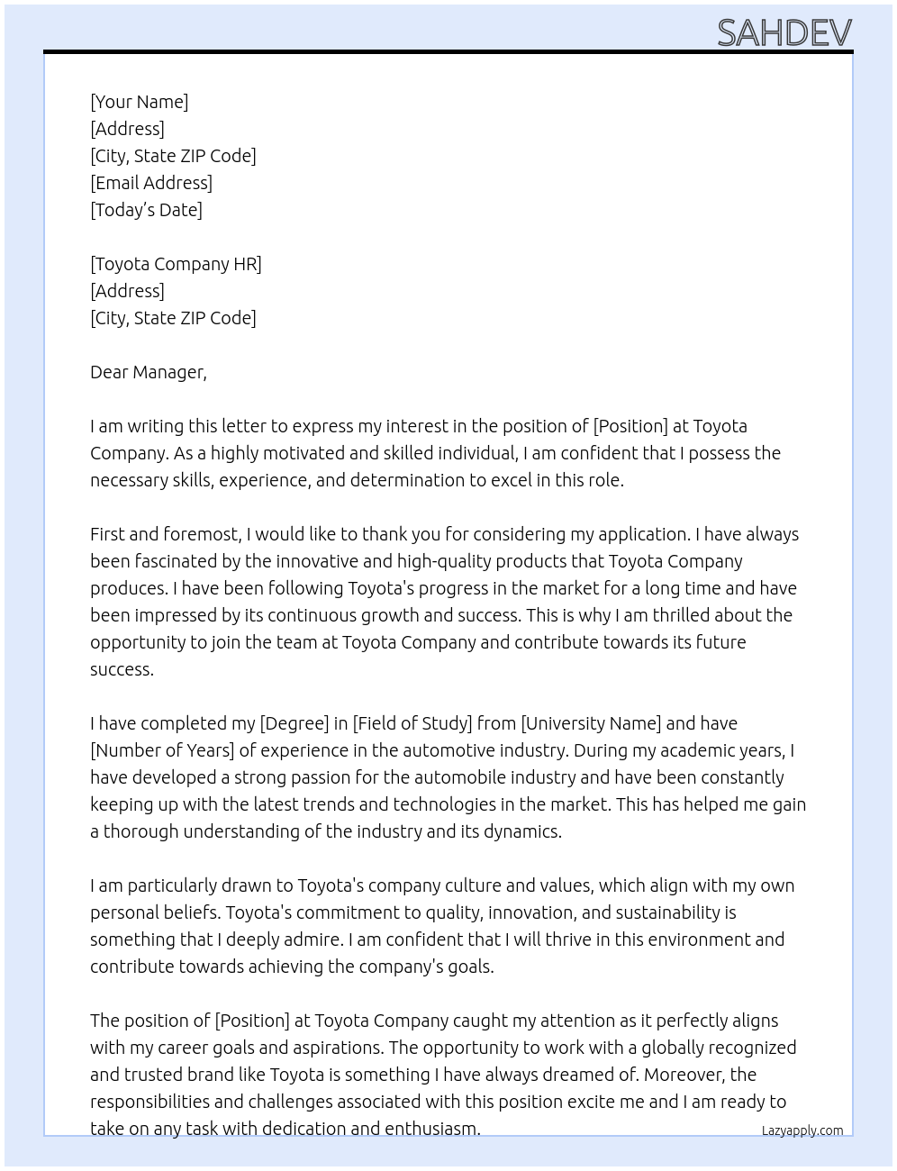 Cover letter for toyota company - LazyApply