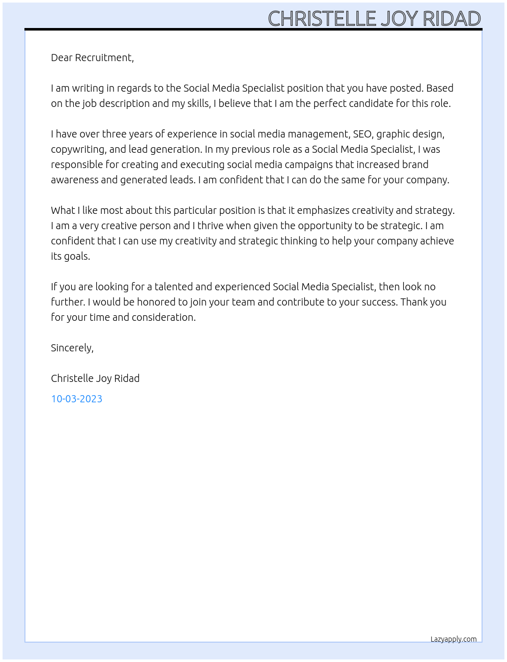 Social Media Specialist At FEU Tech Cover Letter