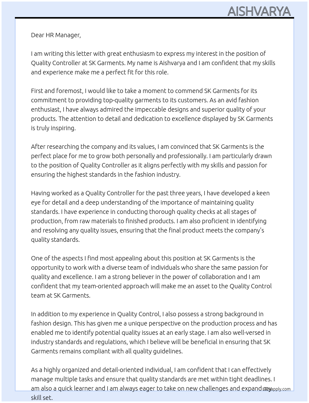 Quality controller  At SK Garments  Cover Letter