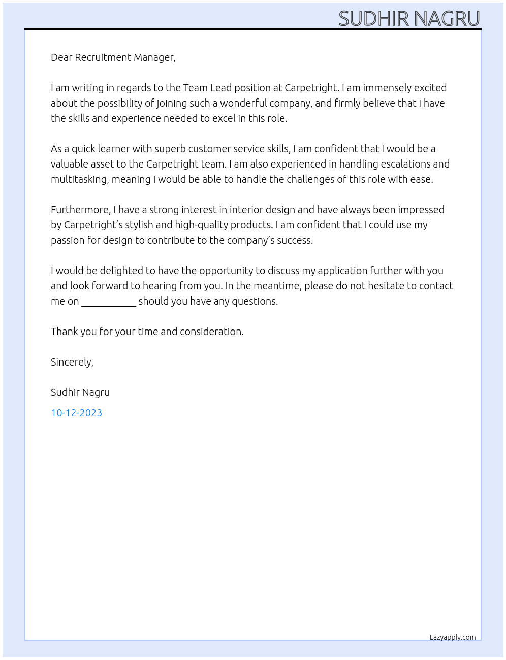 Team Lead At Carpetright Cover Letter