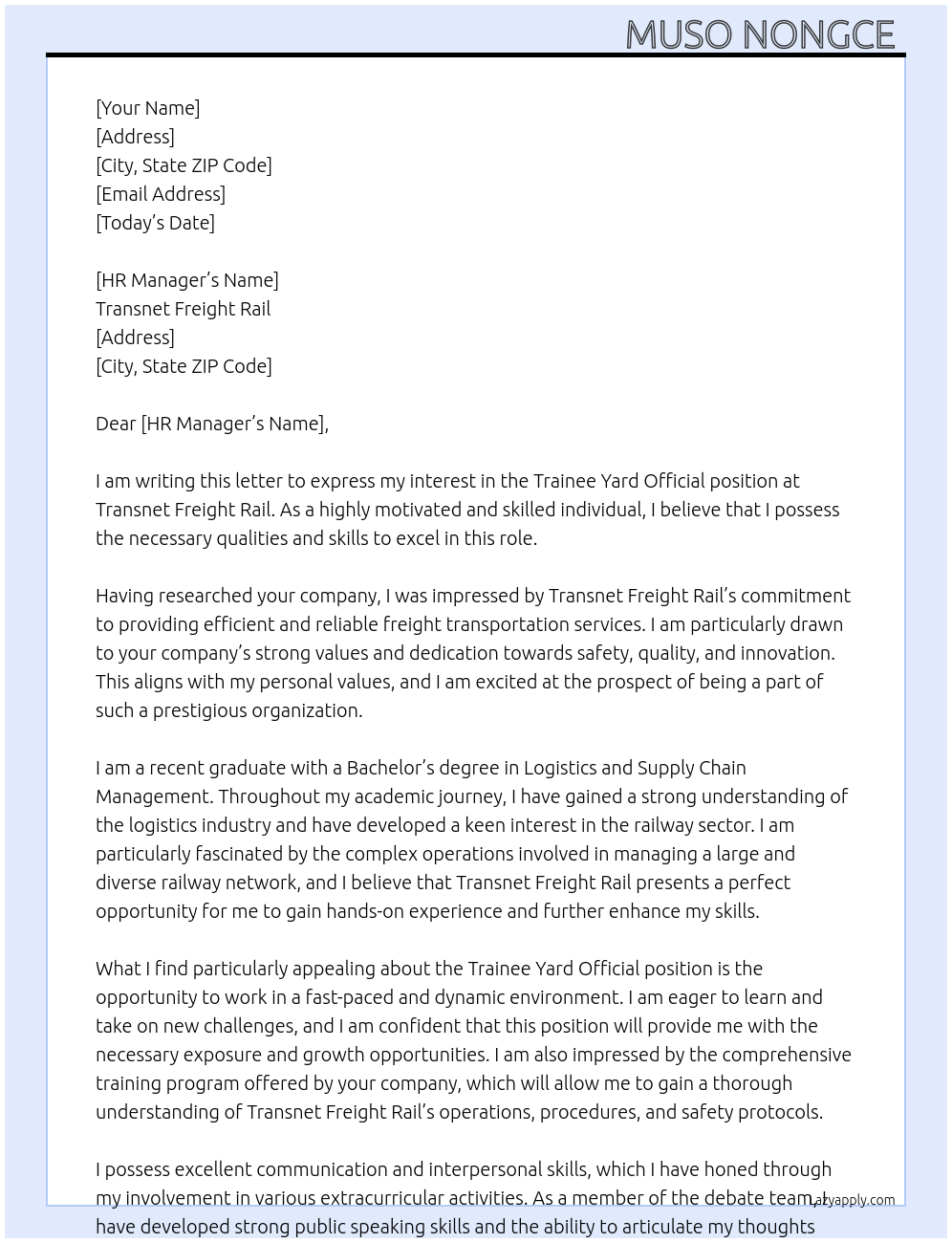 Trainee yard official  At Transnet Freight Rail  Cover Letter