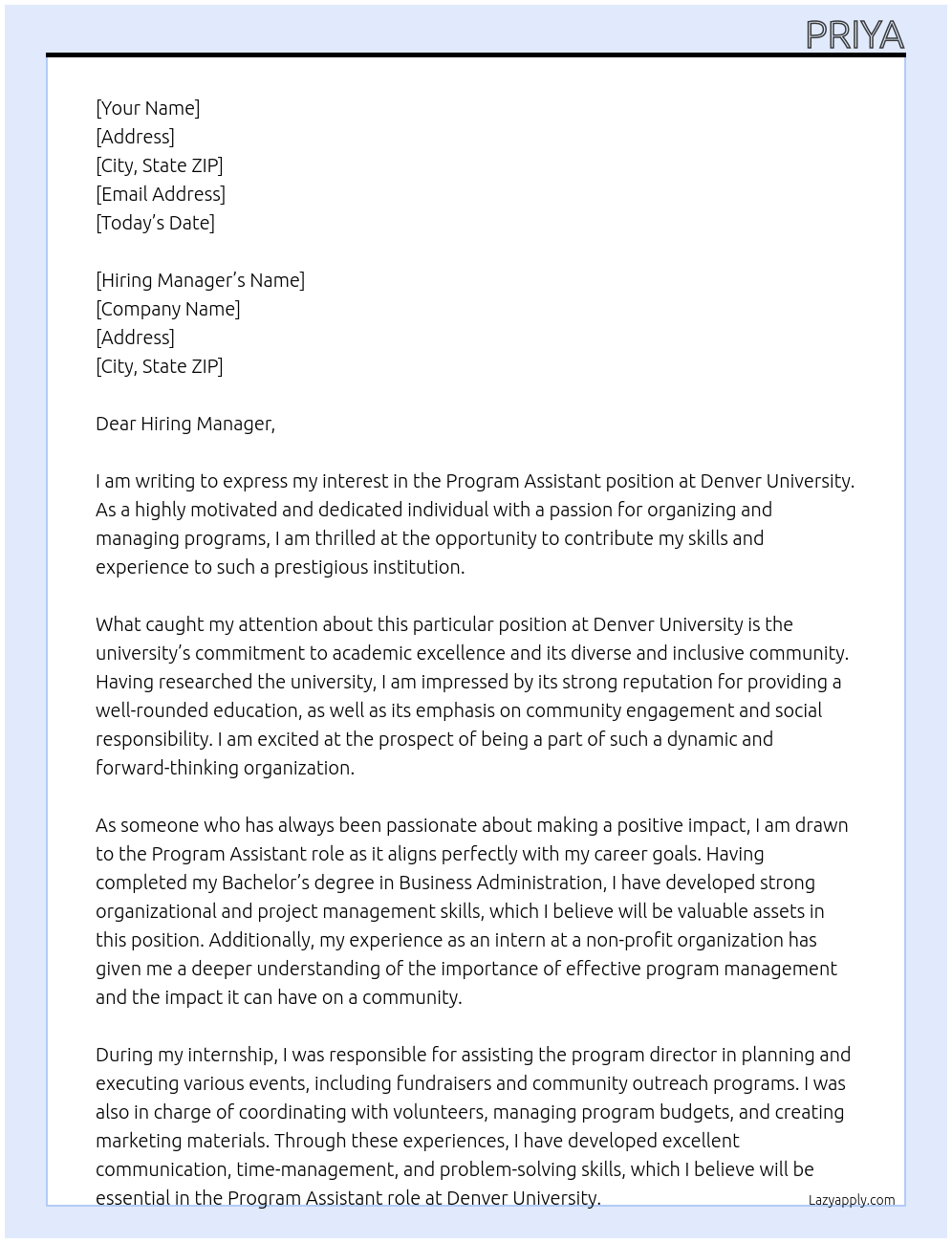 Program Assistant At Denver University Cover Letter