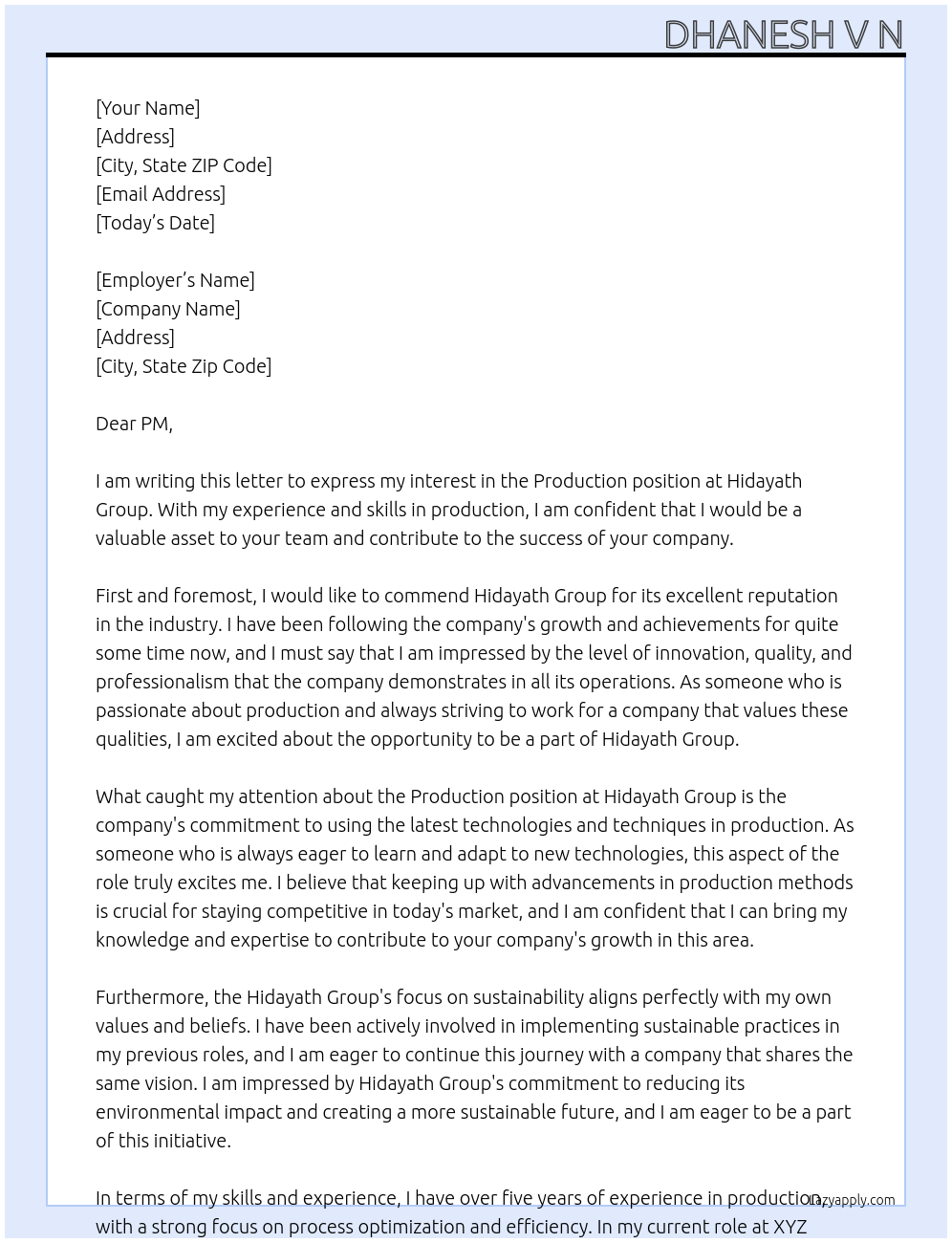 Production  At Hidayath Group Cover Letter