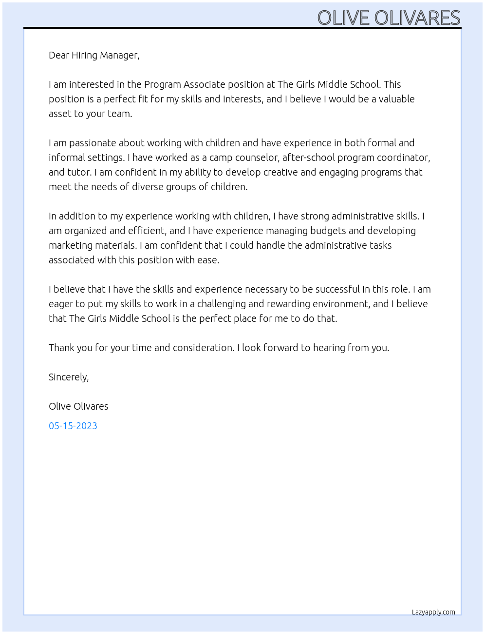 Program Associate At The Girls Middle School Cover Letter