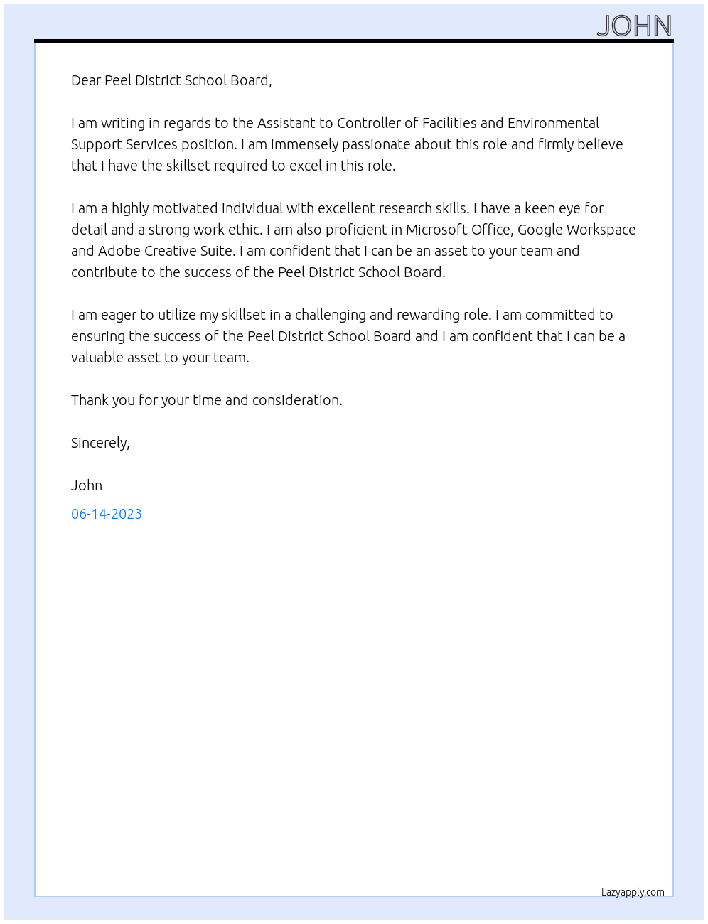 Assistant to Controller of Facilities and Environmental Support Services At Peel District School Board Cover Letter