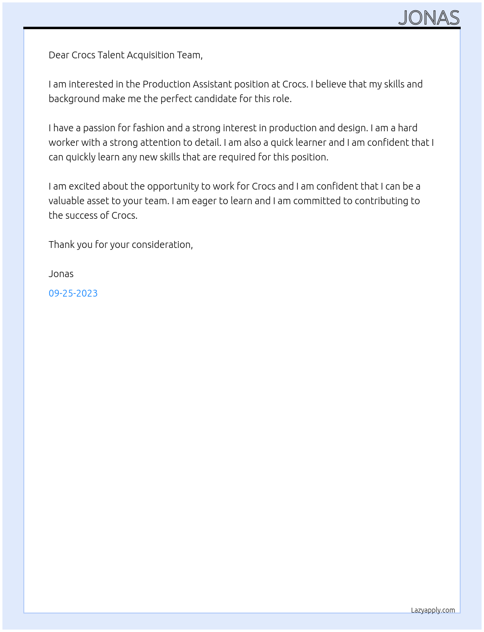 Production Assistant At Crocs Cover Letter