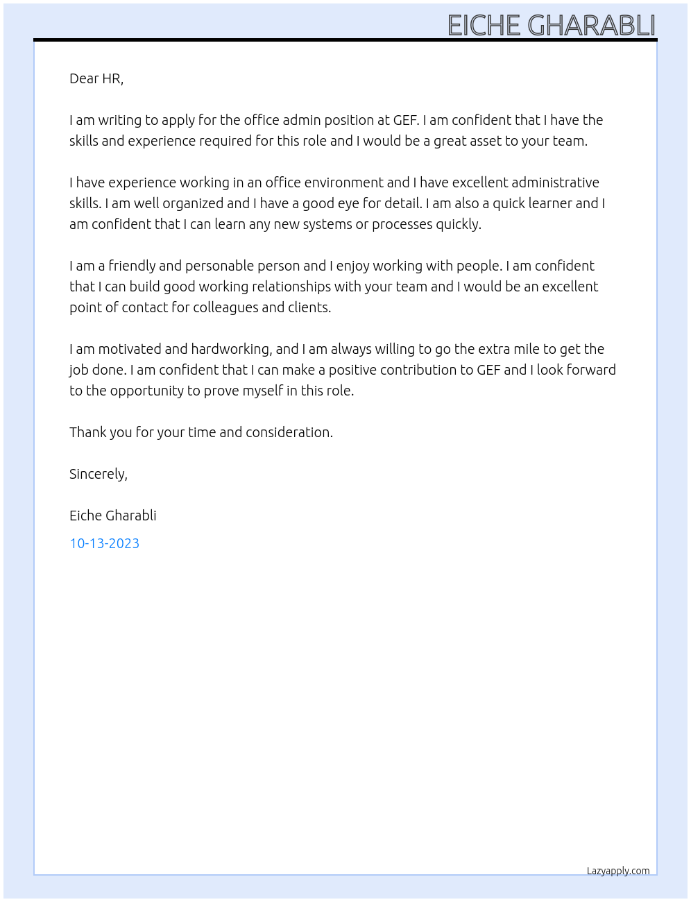 office admin At GEF Cover Letter