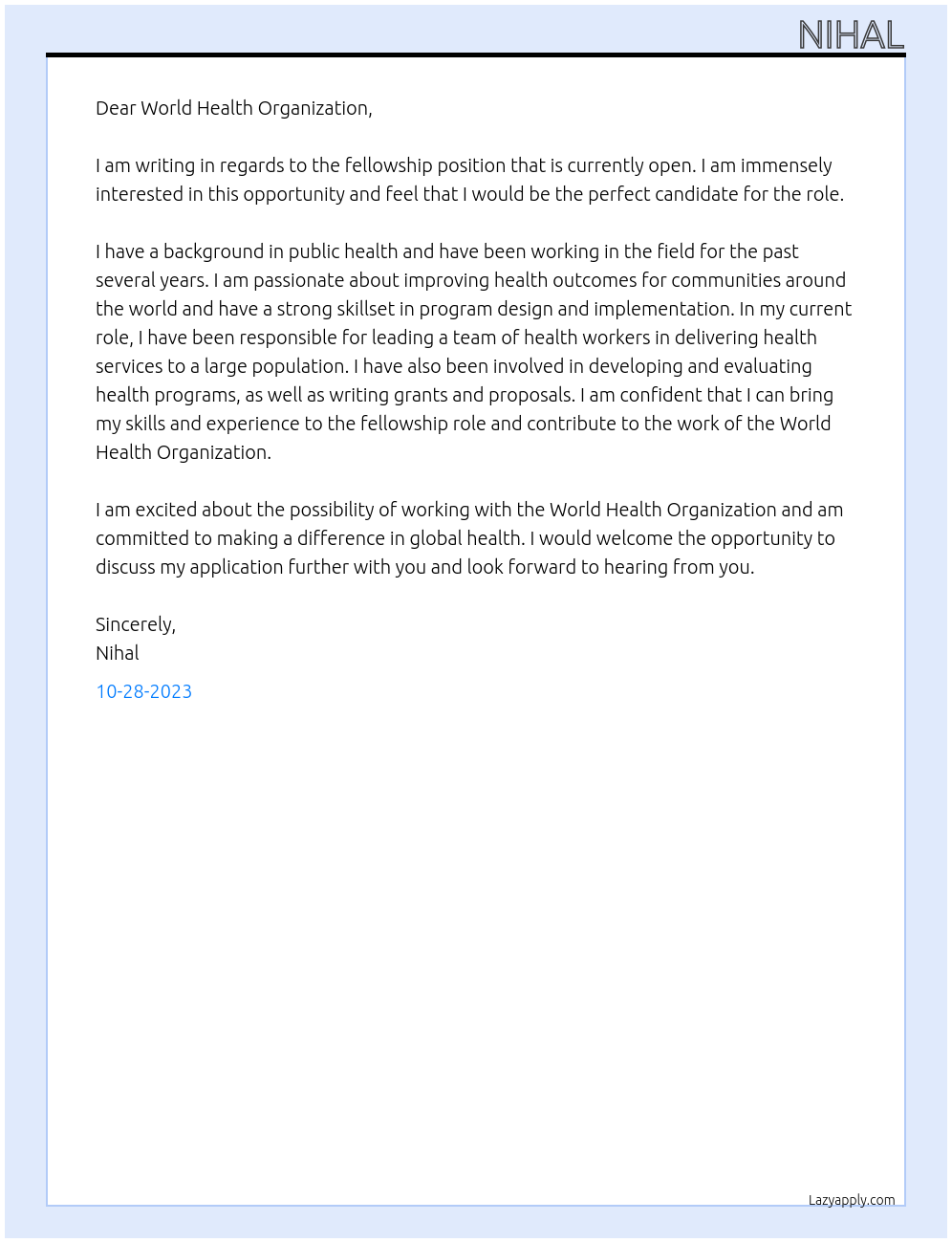 Fellowship At World health organization Cover Letter