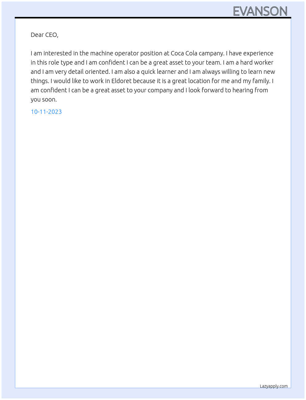 Machine operator At Coca cola campany Cover Letter