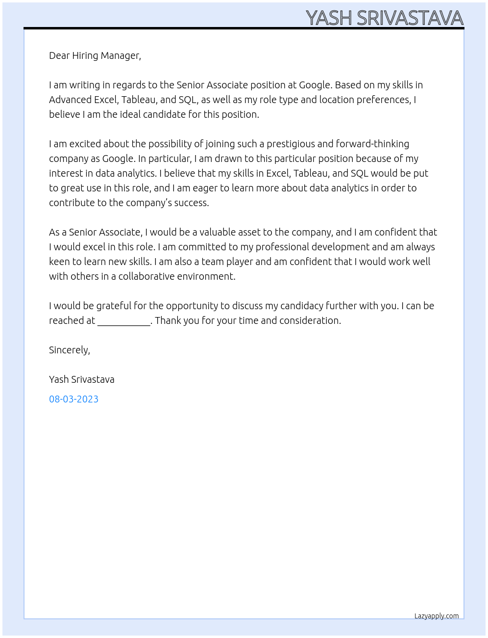 Senior Associate At Google Cover Letter