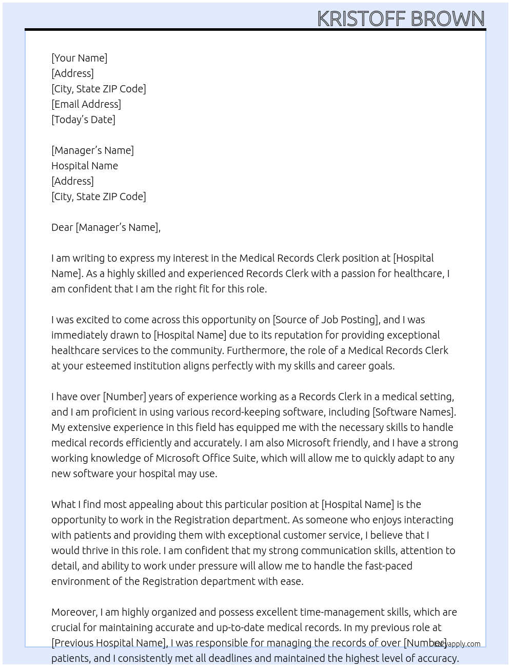 Records clerk At Hospital Cover Letter