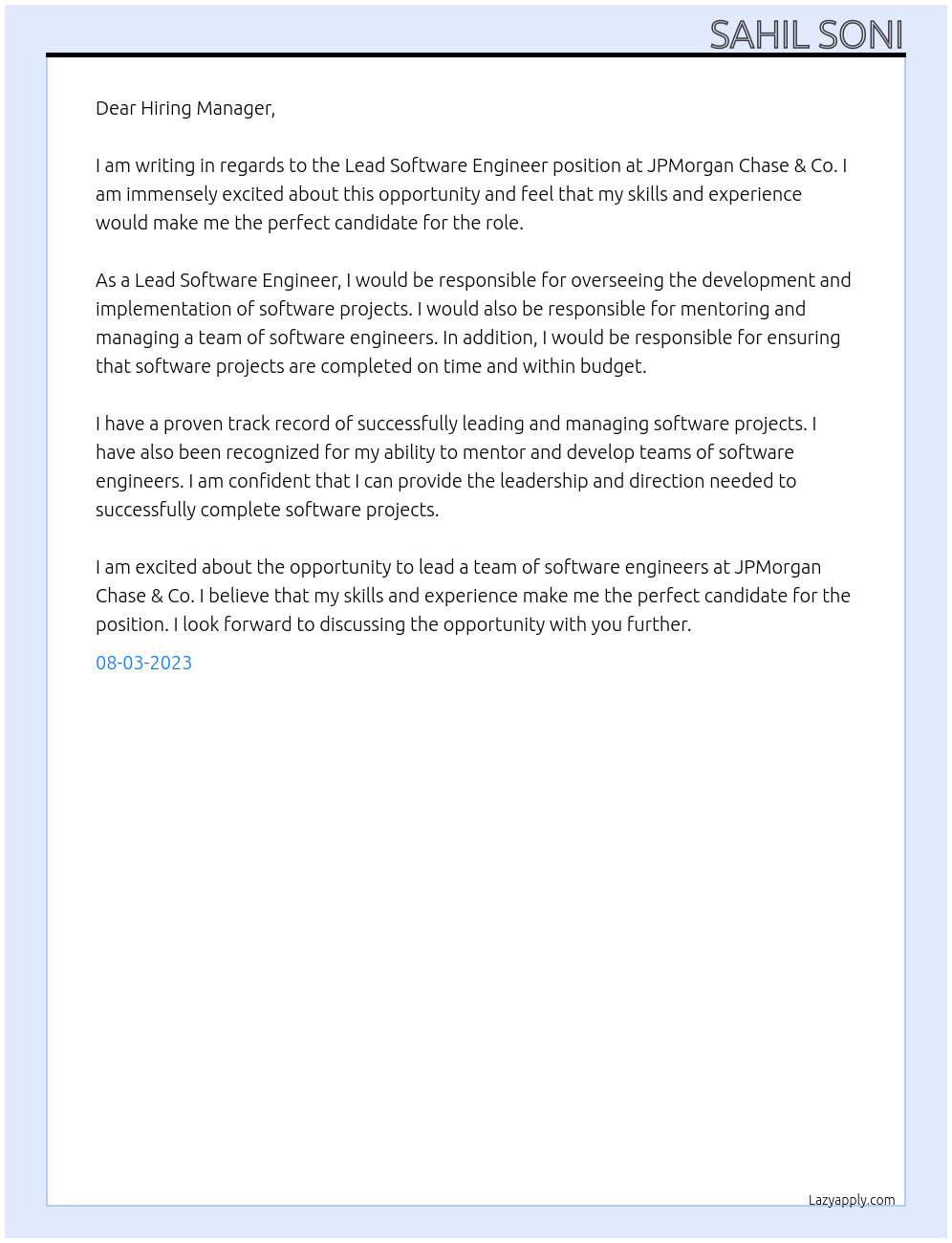 Lead Software Engineer At JPMorgan Chase & Co Cover Letter