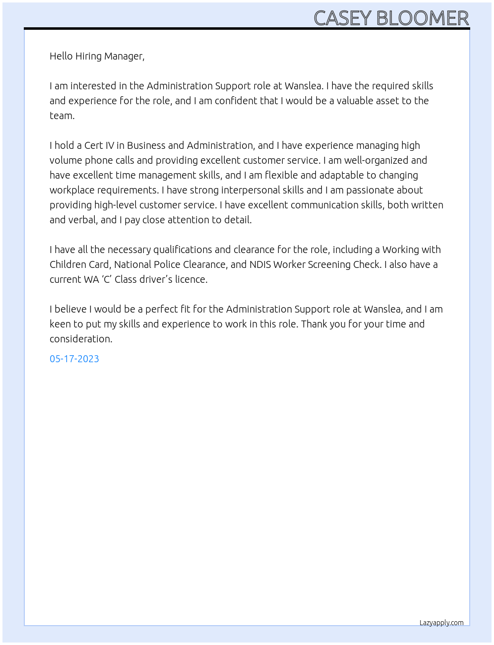 Administration Support At Wanslea Cover Letter