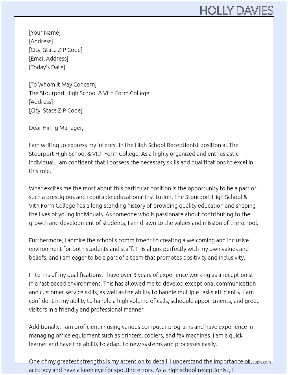 high school receptionist At The Stourport High School & VIth Form College Cover Letter