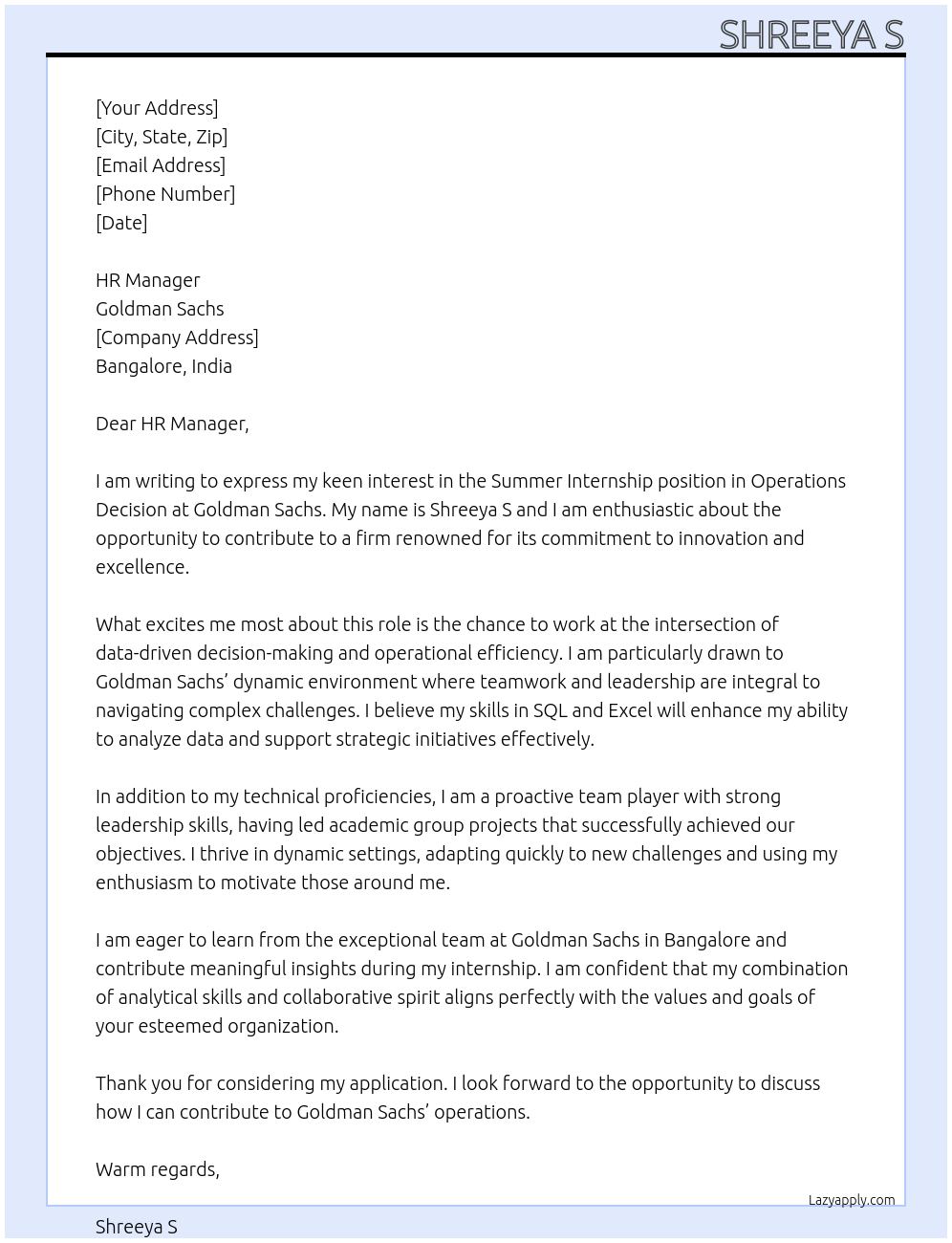 operations decision At Goldman Sachs Cover Letter