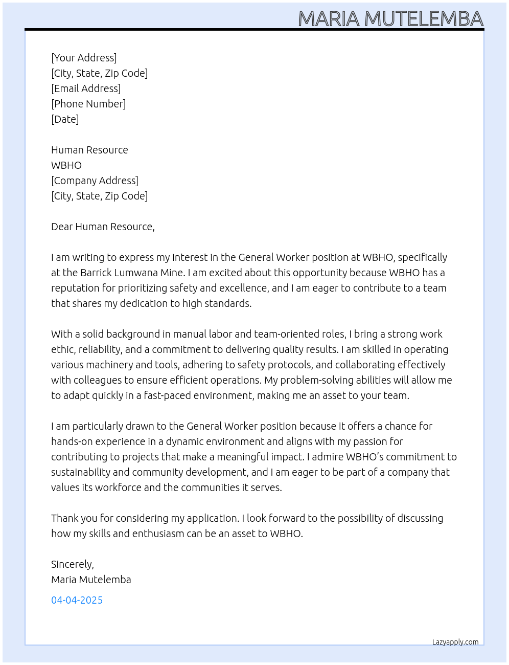 general worker At WBHO Cover Letter