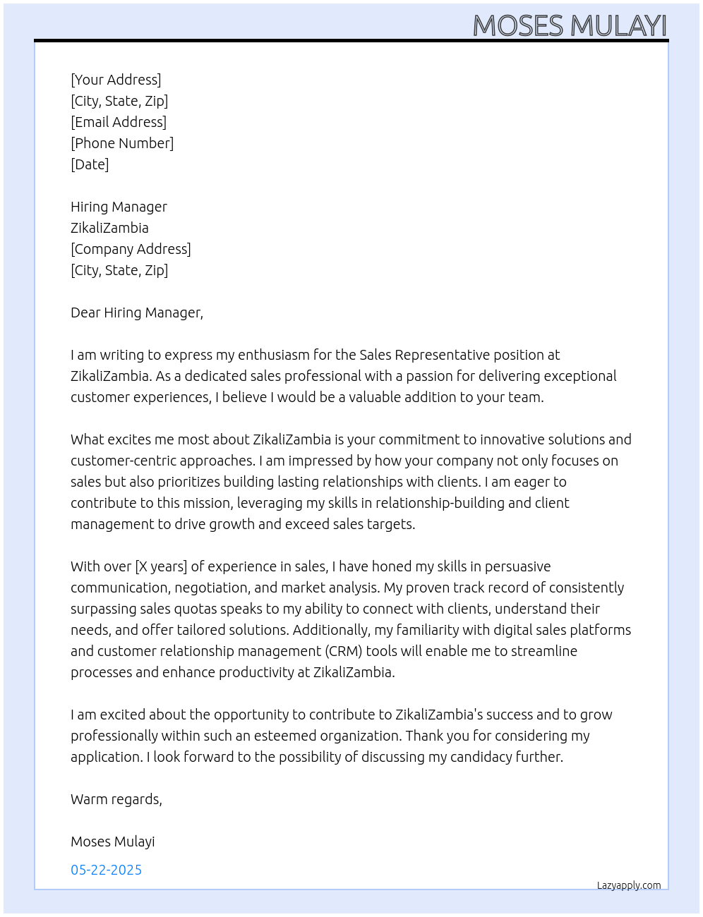 Sales Representative At ZikaliZambia Cover Letter