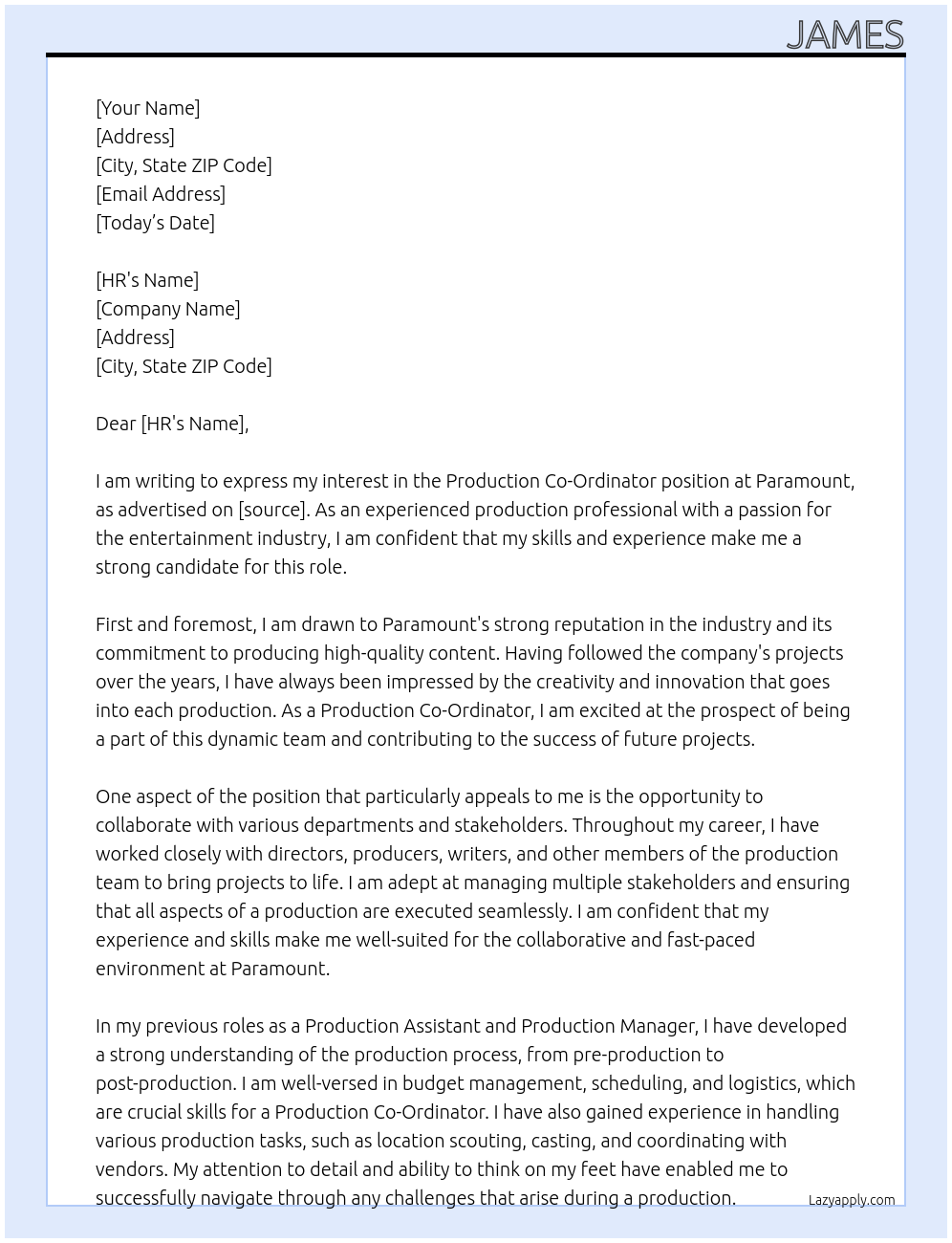 Production Co-Ordinator At Paramount Cover Letter