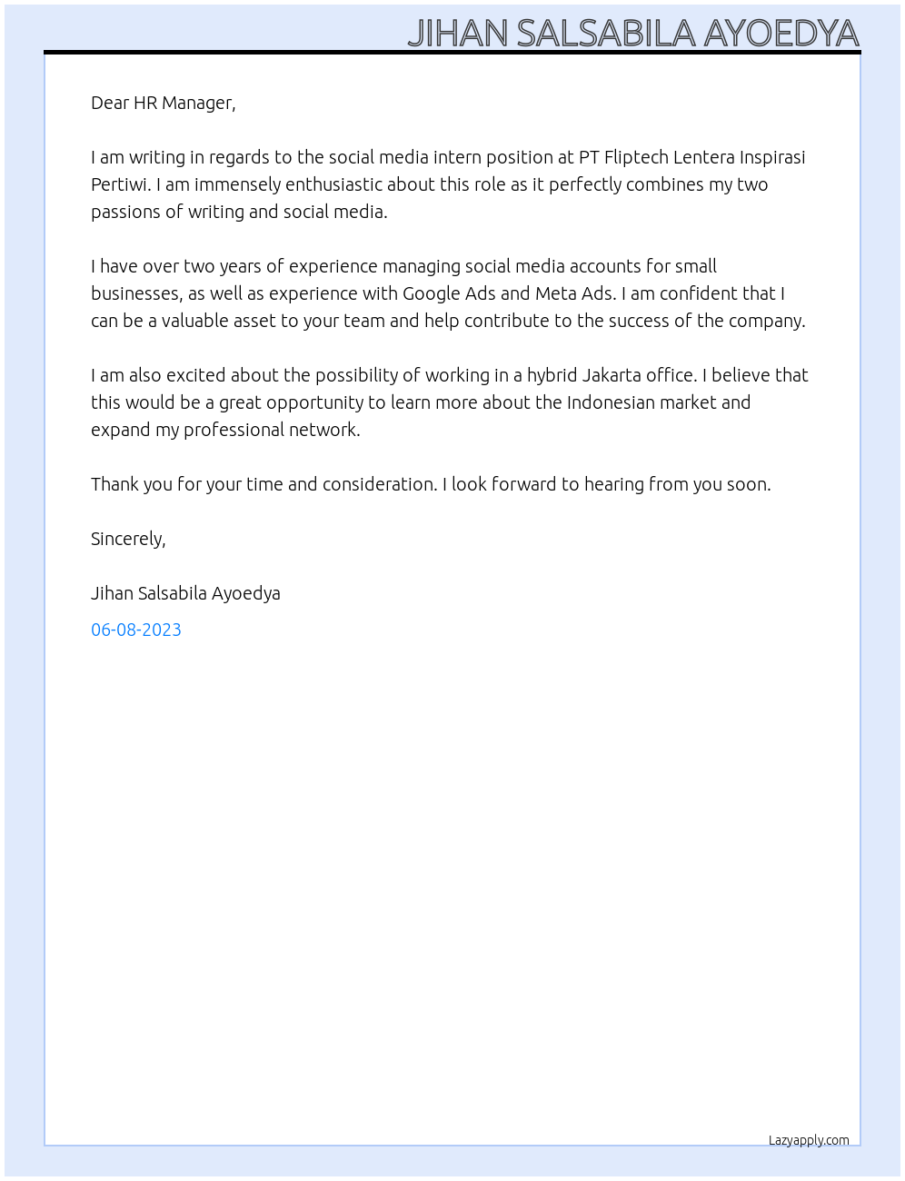 social media intern At PT Fliptech Lentera Inspirasi Pertiwi Cover Letter