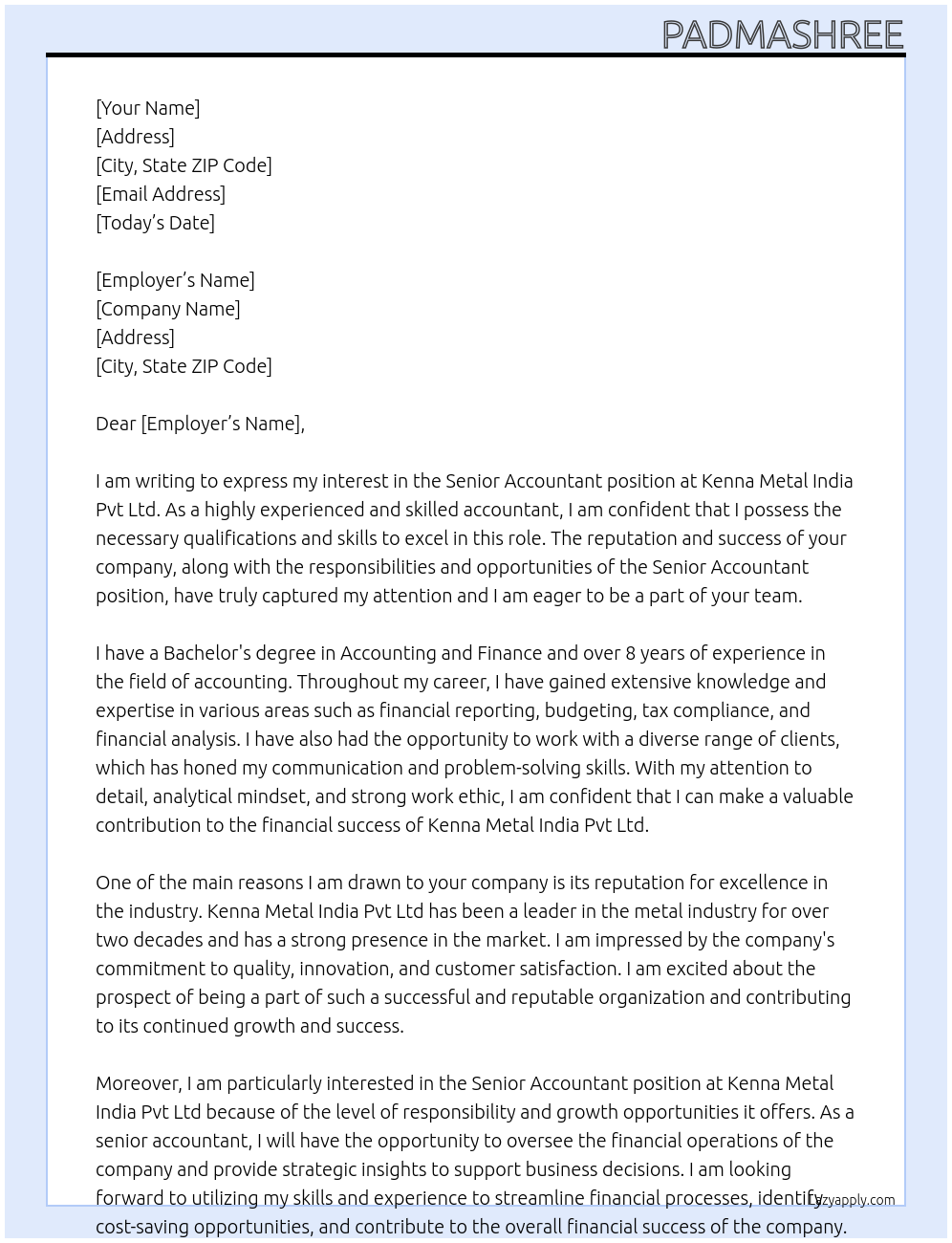 senior accountant At Kenna Metal india pvt ltd Cover Letter