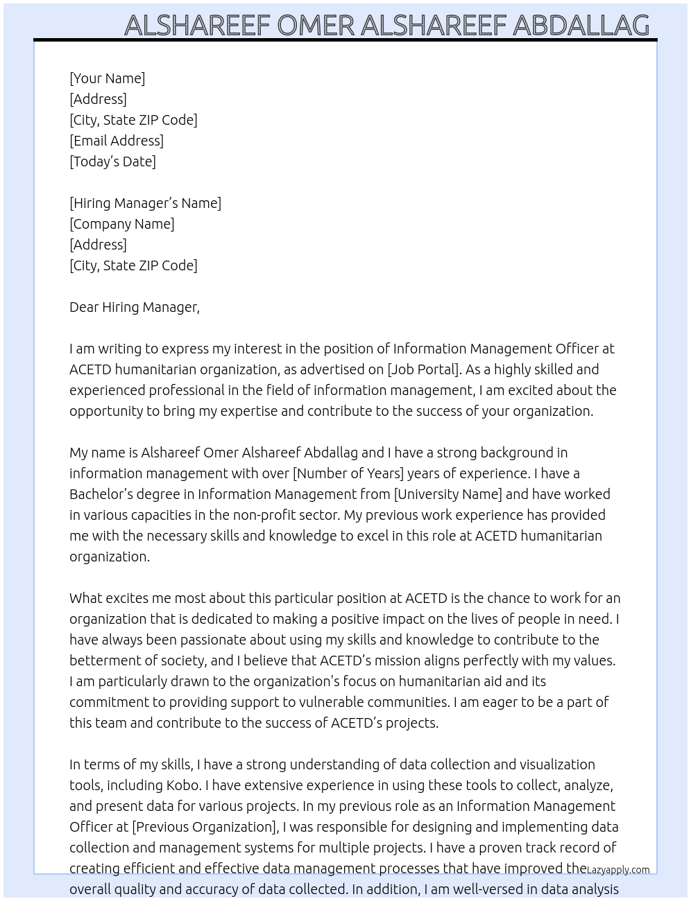 Information management officer At ACETD humanterian organization Cover Letter