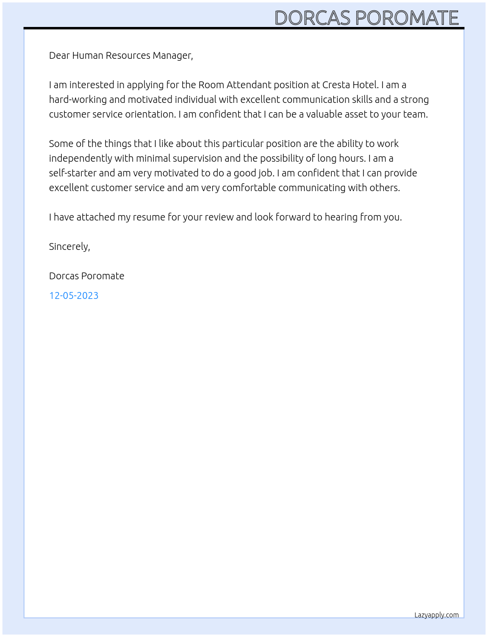  Room Attendant  At Cresta Hotel Cover Letter