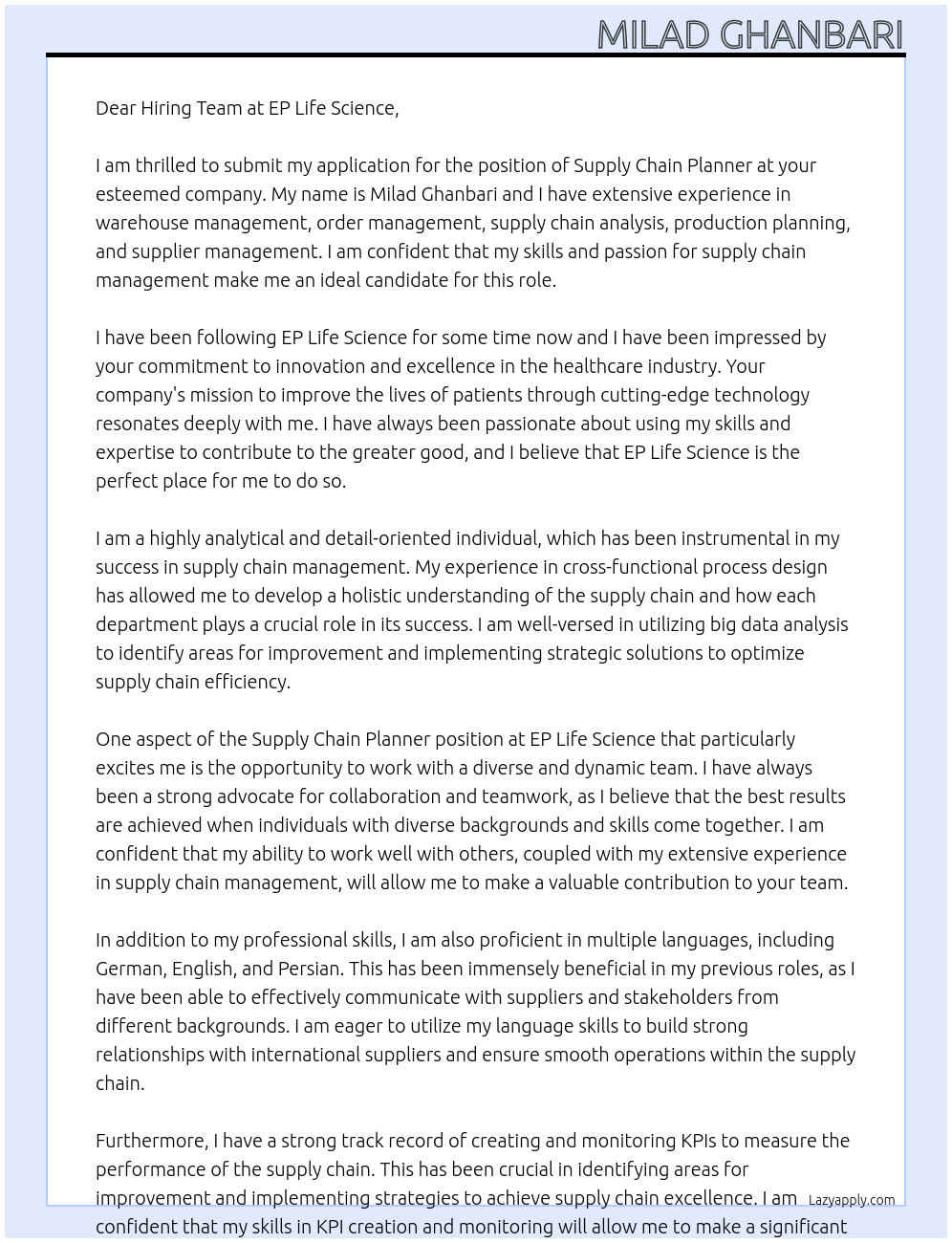 Supply Chain Planner At ep life science Cover Letter