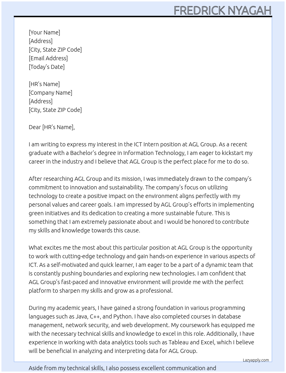 ICT INTERN At AGL group Cover Letter