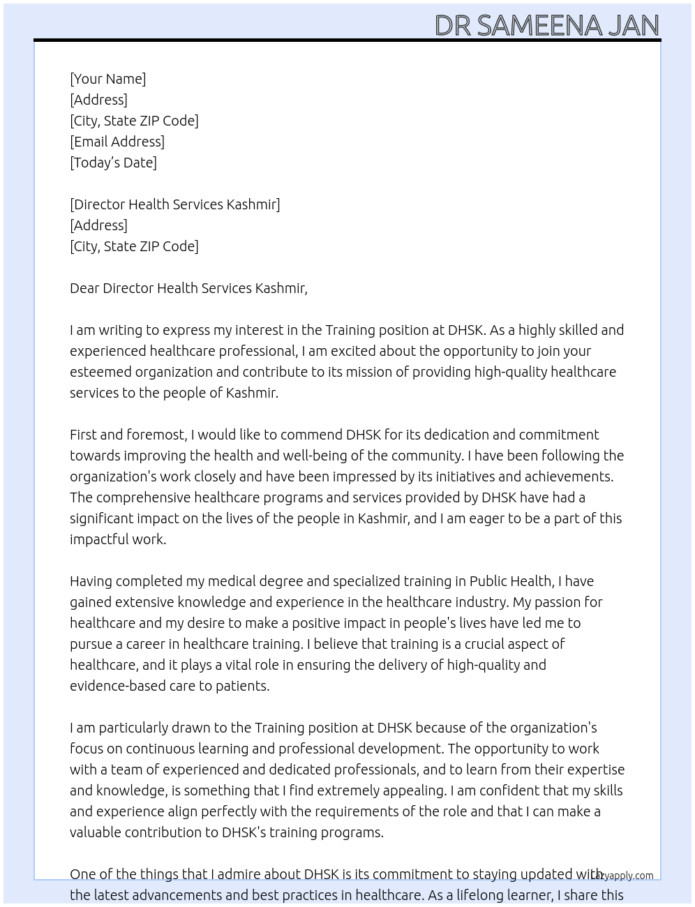 Training At DHSK Cover Letter