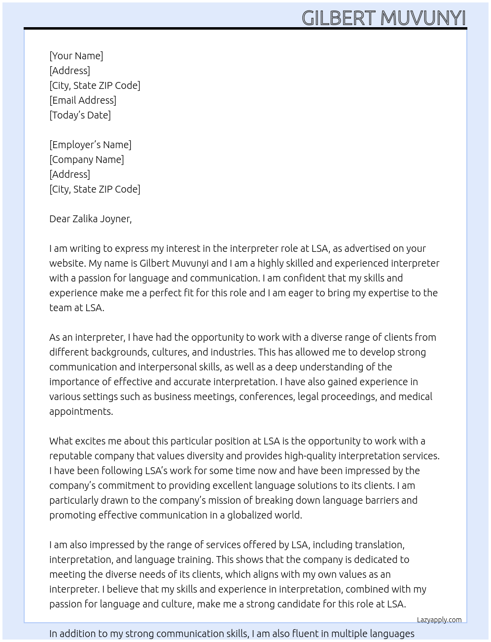 interpreter At lsa Cover Letter